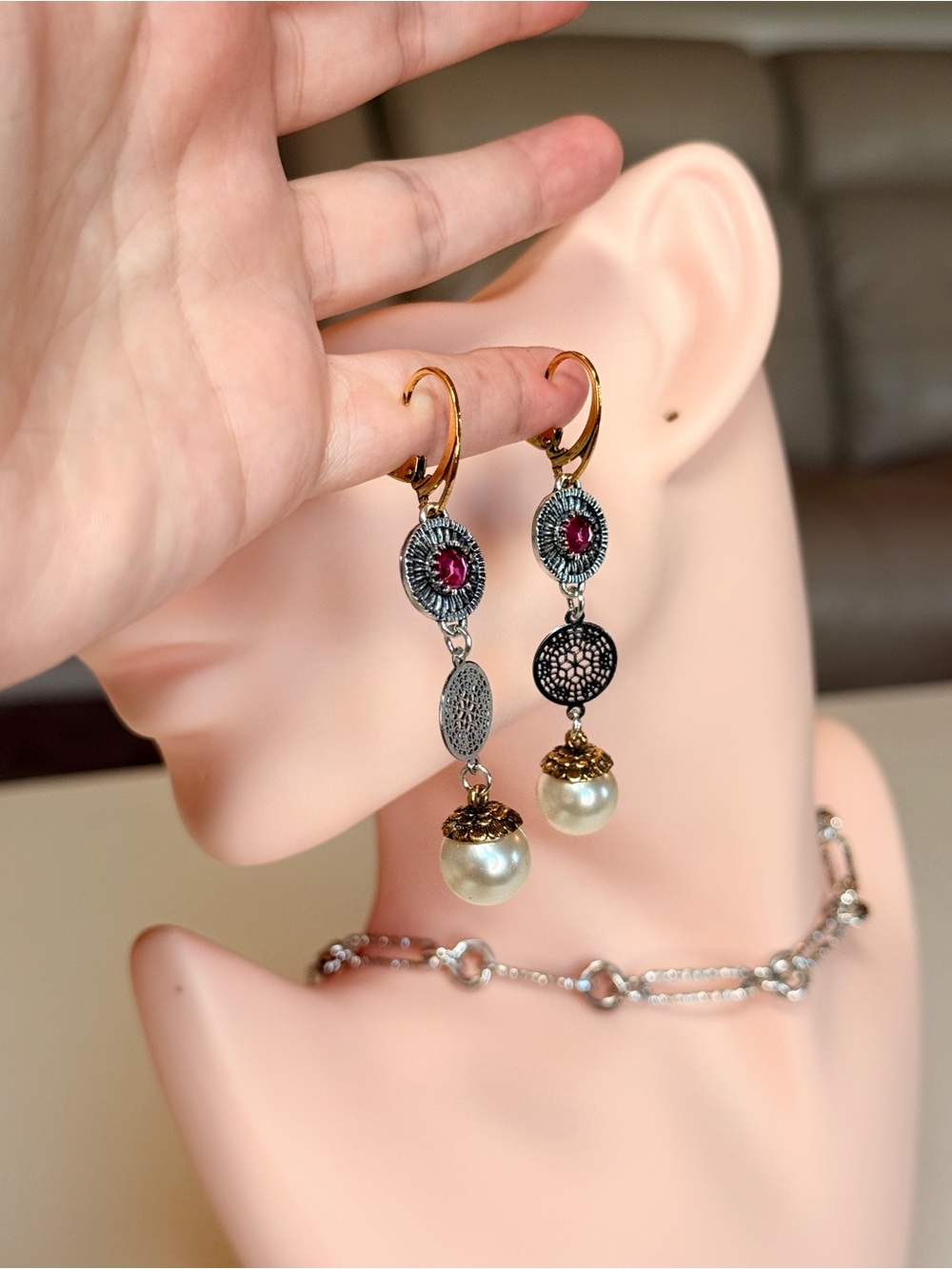 Elegant Multi-Tone Pearl Drop Earrings with Ruby Accent - Picture 17 of 17